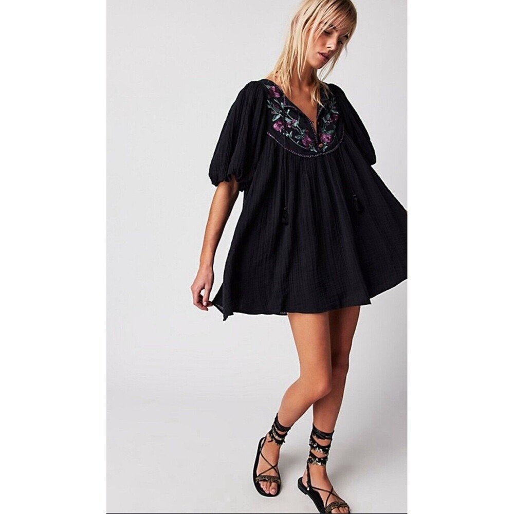 Free People Mini Dress Cotton Black Rosa Linda Tunic Floral Embroidered XS New